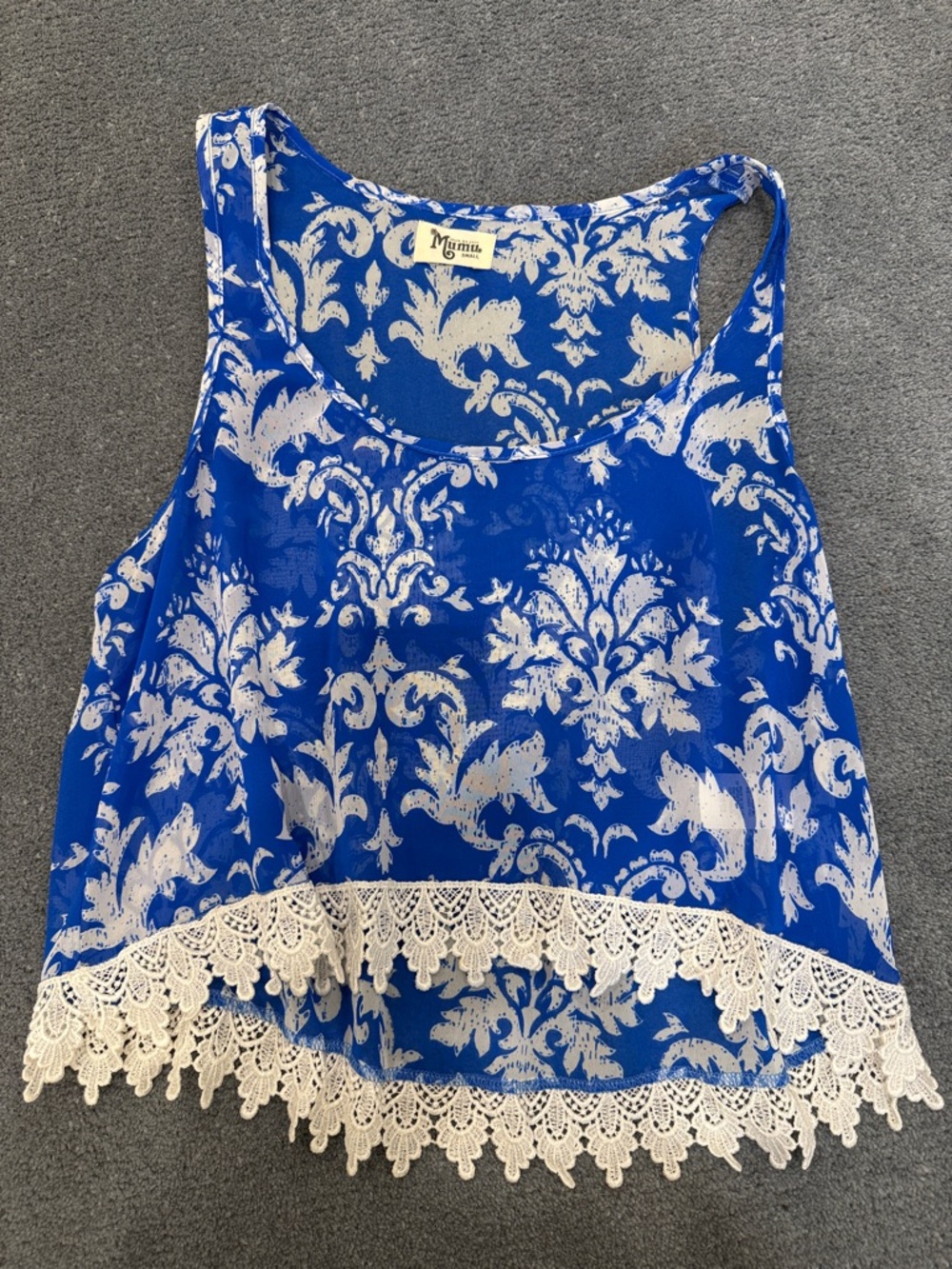 Show me your mumu Blue Printed Lace-Hem Tank Top